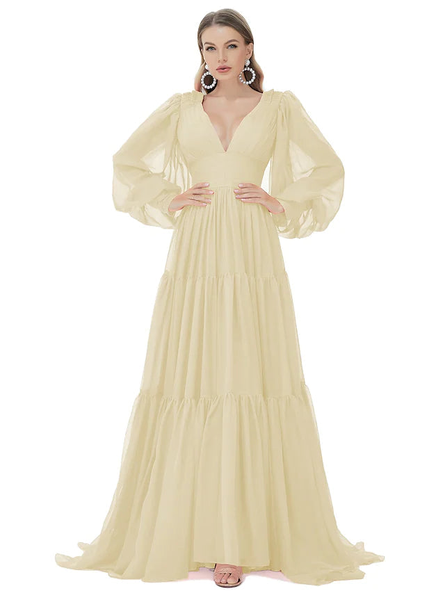 A-Line Evening Gown Sexy Dress Party Wear Sweep / Brush Train Long Sleeve V Neck Chiffon