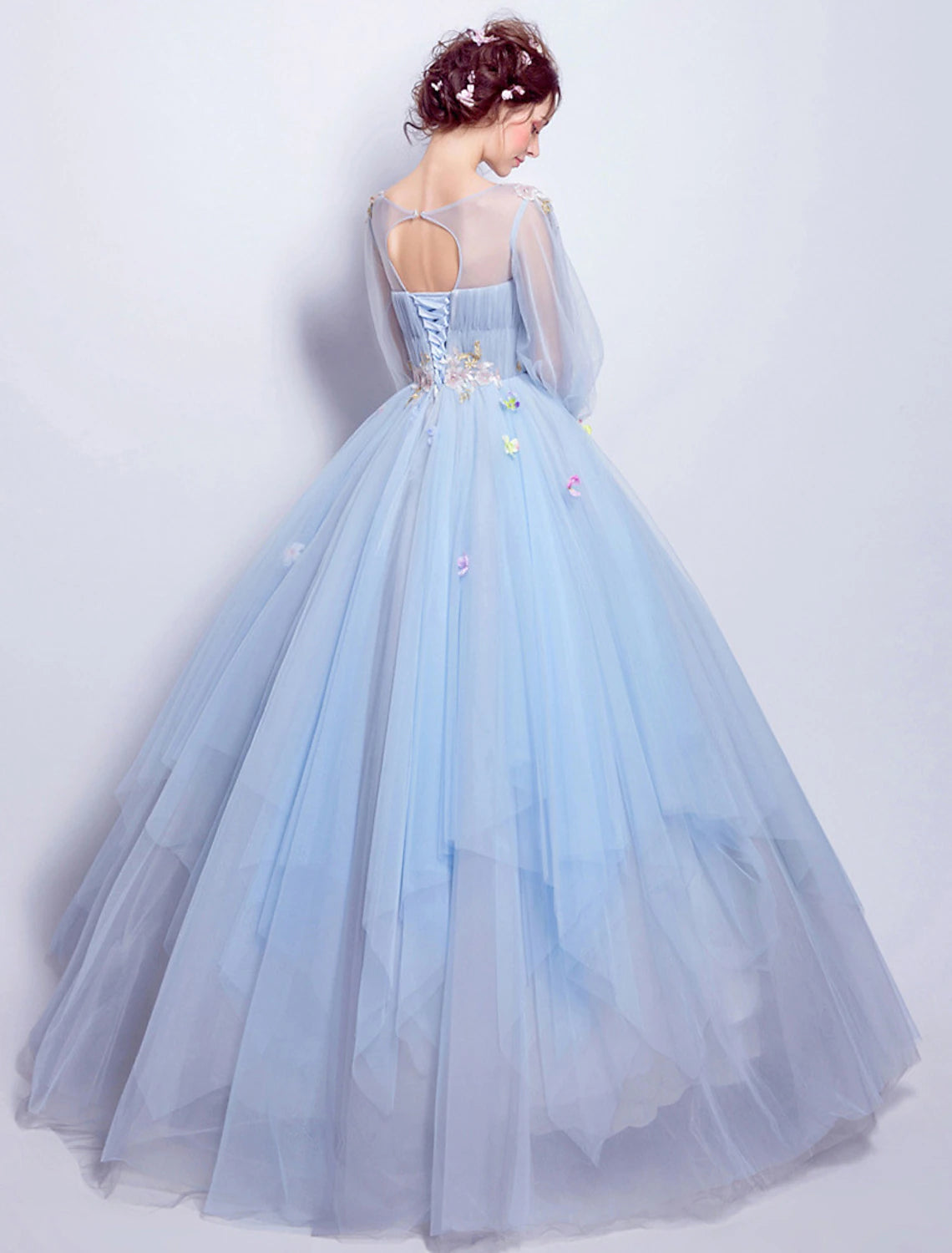 Ball Gown Prom Dresses Elegant Dress Quinceanera Engagement Floor Length 3/4 Length Sleeve Illusion Neck Tulle