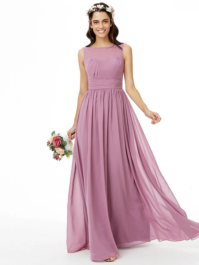 A-Line Bridesmaid Dress Jewel Neck Sleeveless Open Back Floor Length Chiffon with Sash / Ribbon / Pleats
