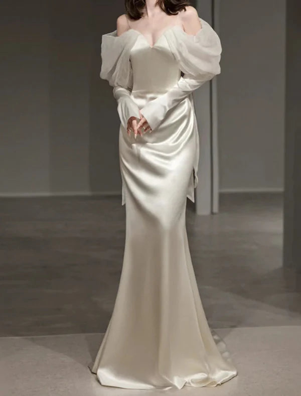 Mermaid / Trumpet Evening Gown Elegant Dress Formal Prom Floor Length Long Sleeve Sweetheart Italy Satin with Buttons