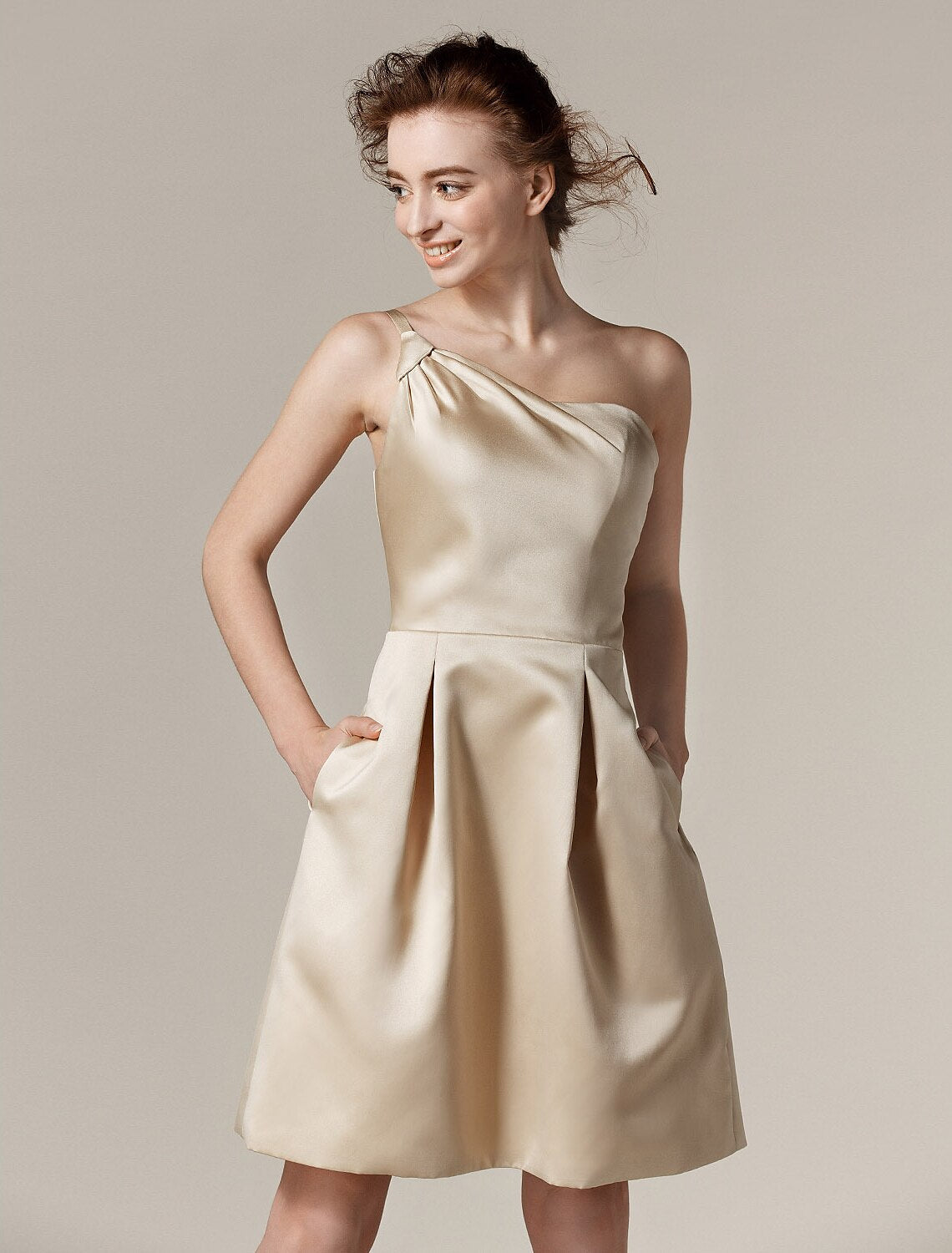 A-Line One Shoulder Knee Length Satin Bridesmaid Dress with Draping