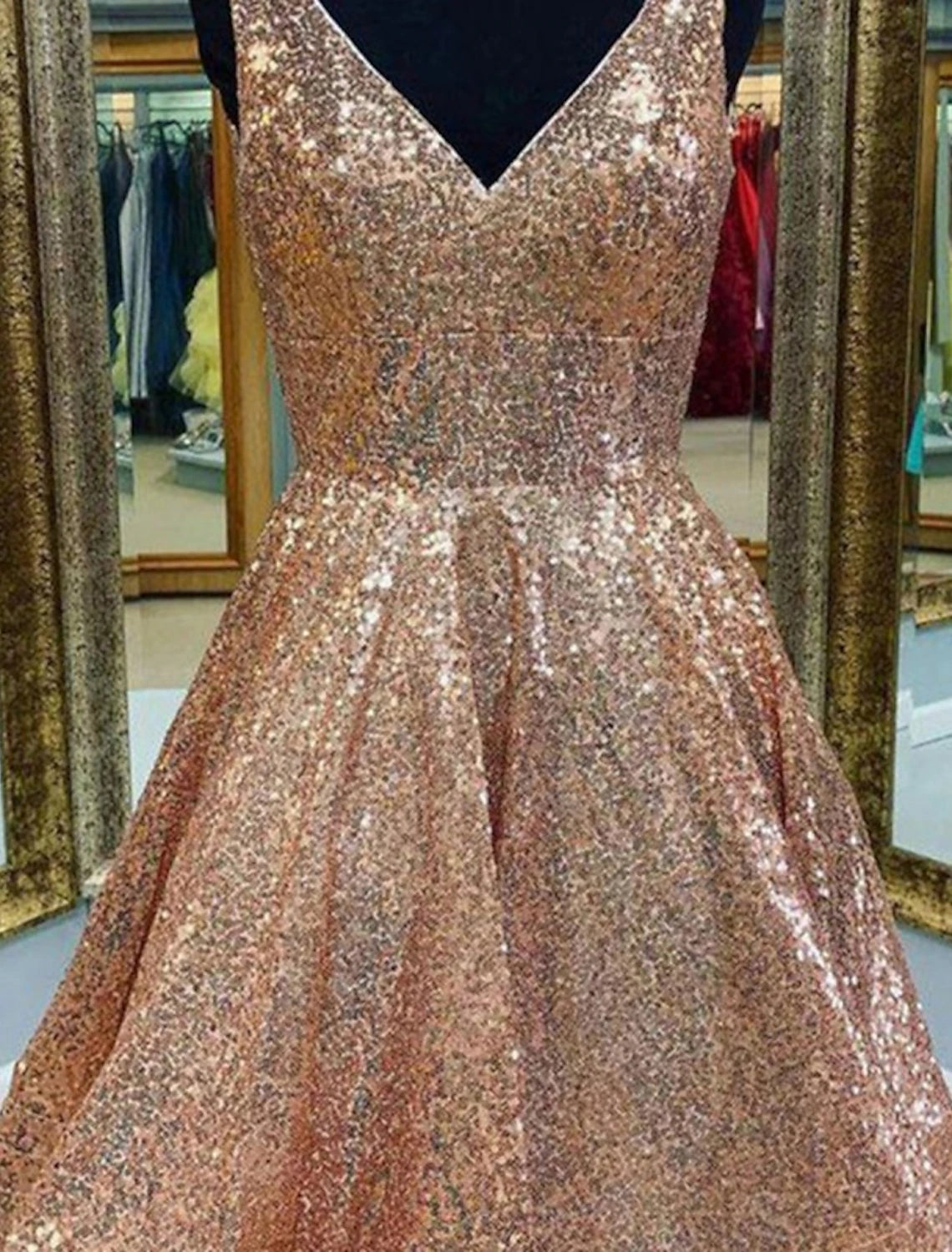 A-Line Homecoming Dresses Sparkle & Shine Dress Graduation Tea Length Sleeveless V Neck Pink Dress Sequined