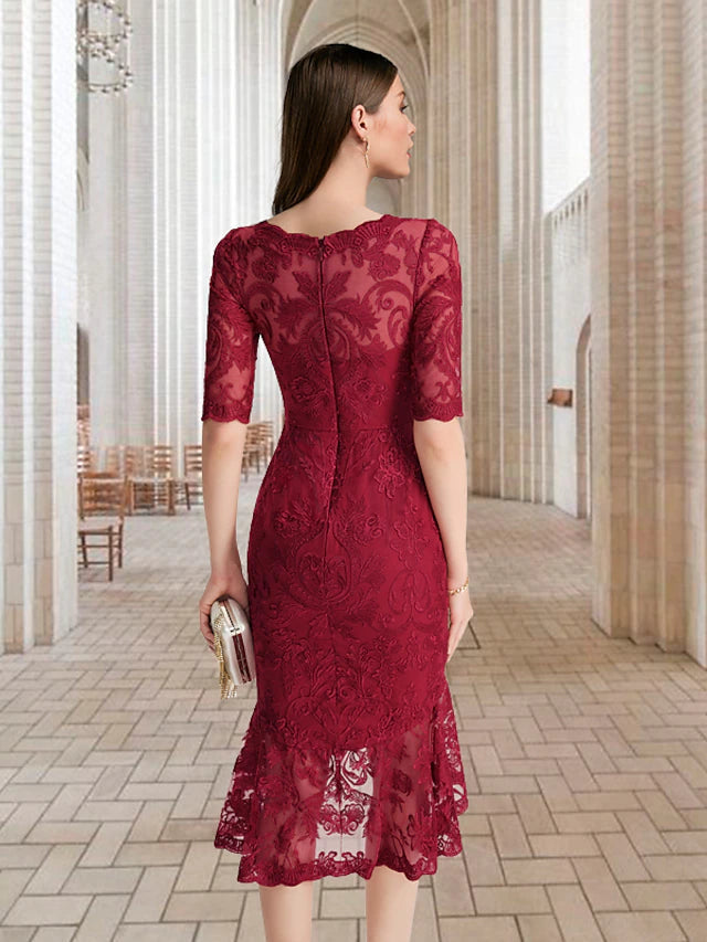 Mermaid / Trumpet Mother of the Bride Dress Vintage Elegant High Low Square Neck Asymmetrical Tea Length Lace Half Sleeve with Ruffles