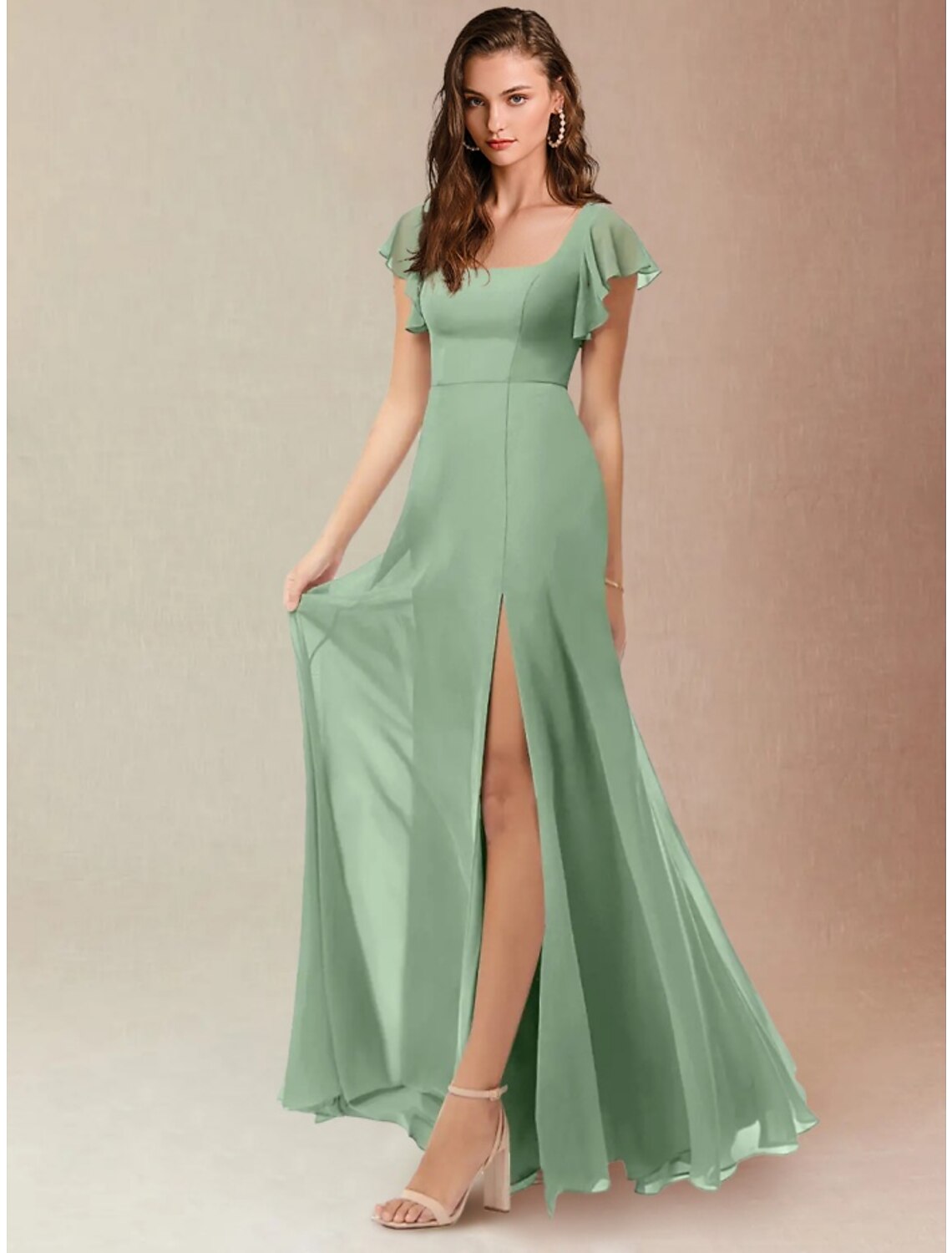 A-Line Bridesmaid Dress Square Neck Short Sleeve Elegant Floor Length Chiffon with Split Front