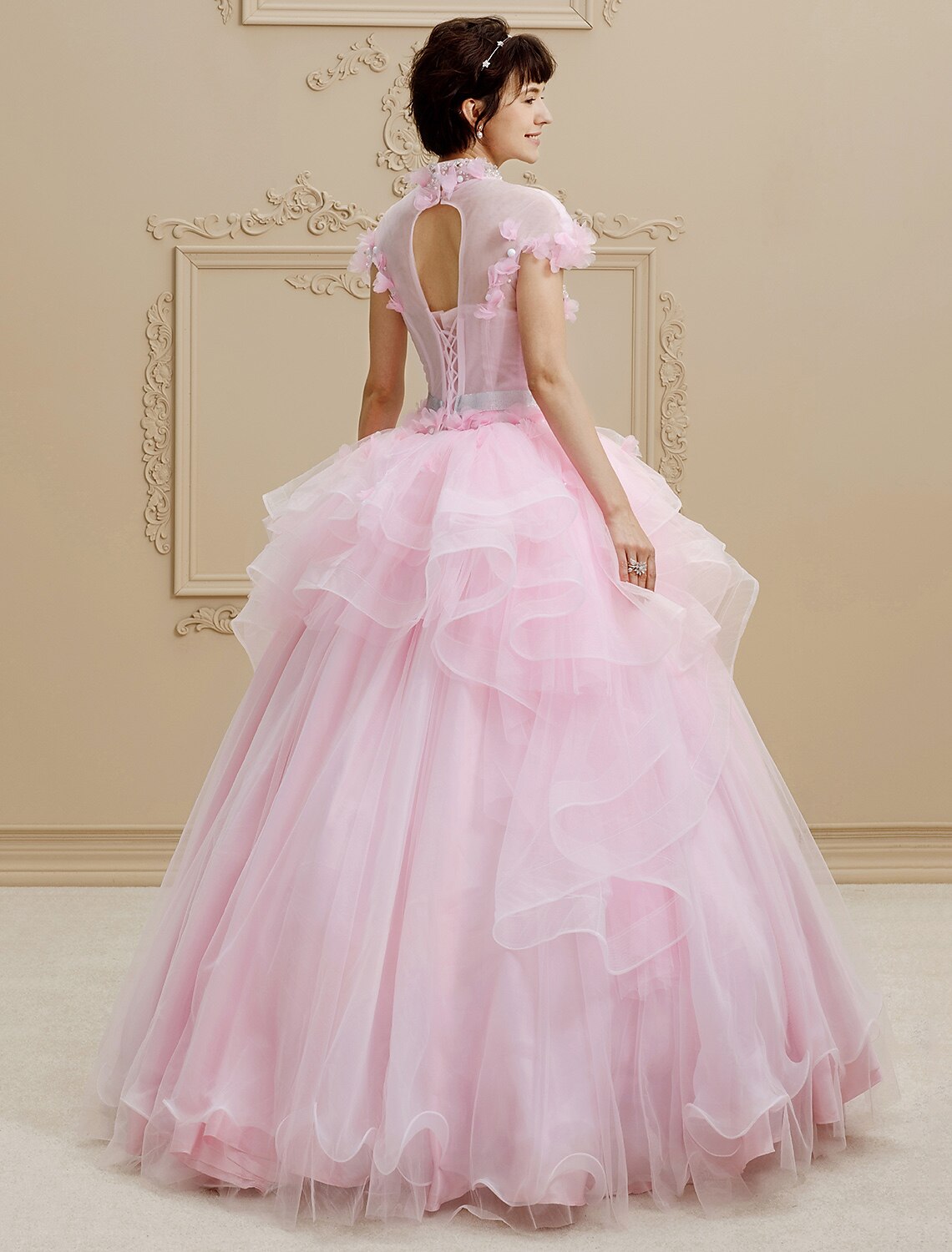 Ball Gown High Neck Floor Length Organza Tulle Wedding Dress with Crystal Beading Bow