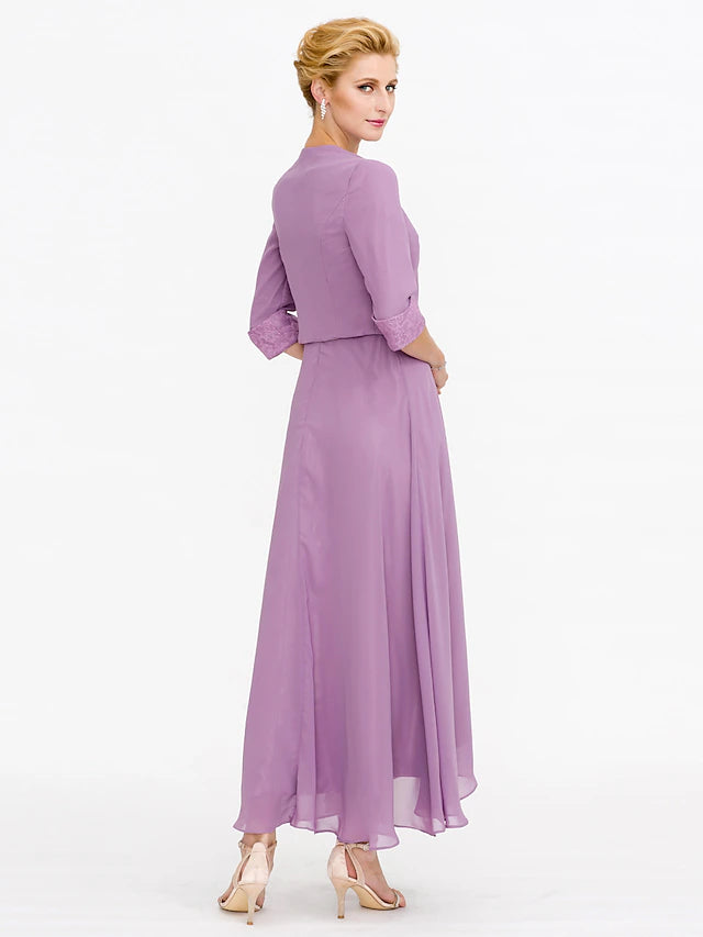 Two Piece Ball Gown A-Line Mother of the Bride Dress Formal Church Convertible Dress High Low See Through Illusion Neck Asymmetrical Chiffon Lace 3/4 Length Sleeve