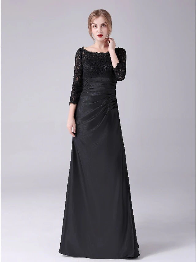 Mermaid / Trumpet Mother of the Bride Dress Plus Size Elegant Jewel Neck Floor Length Stretch Satin 3/4 Length Sleeve with Lace