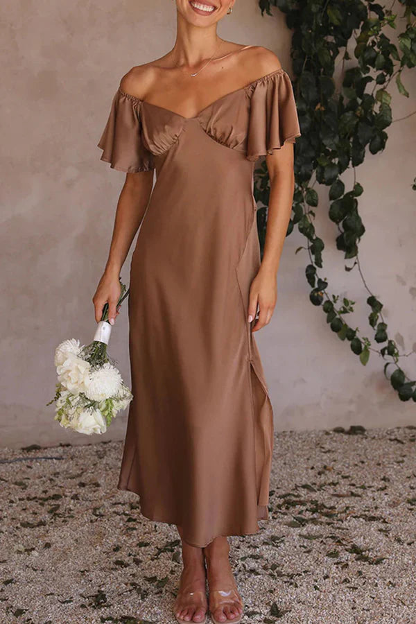 Sexy solid color slit off shoulder pleated evening dress Beautiful