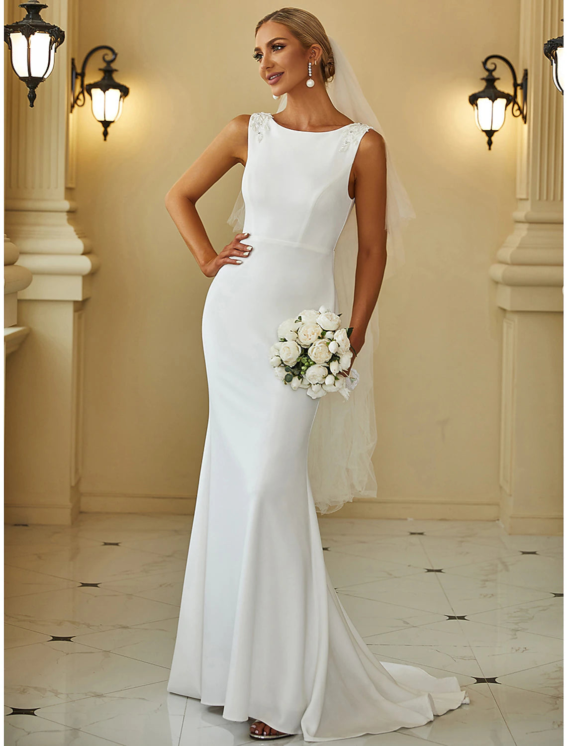 Reception Casual Wedding Dresses Mermaid / Trumpet Scoop Neck Sleeveless Sweep / Brush Train Stretch Fabric Bridal Gowns With Beading