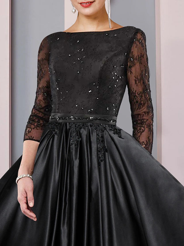 A-Line Mother of the Bride Dress Formal Wedding Guest Party Elegant Scoop Neck Tea Length Satin Lace 3/4 Length Sleeve with Sash Pleats