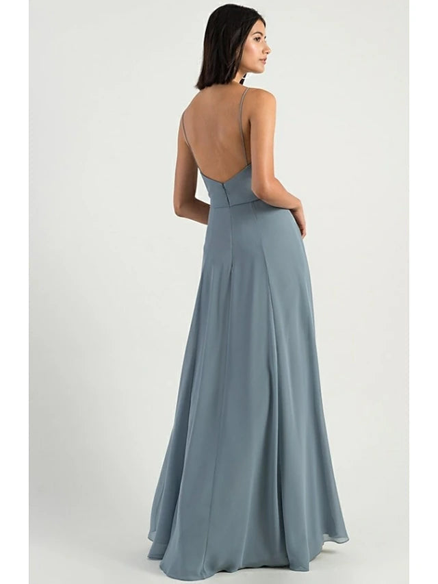 A-Line Bridesmaid Dress Spaghetti Strap Sleeveless Open Back Floor Length Chiffon