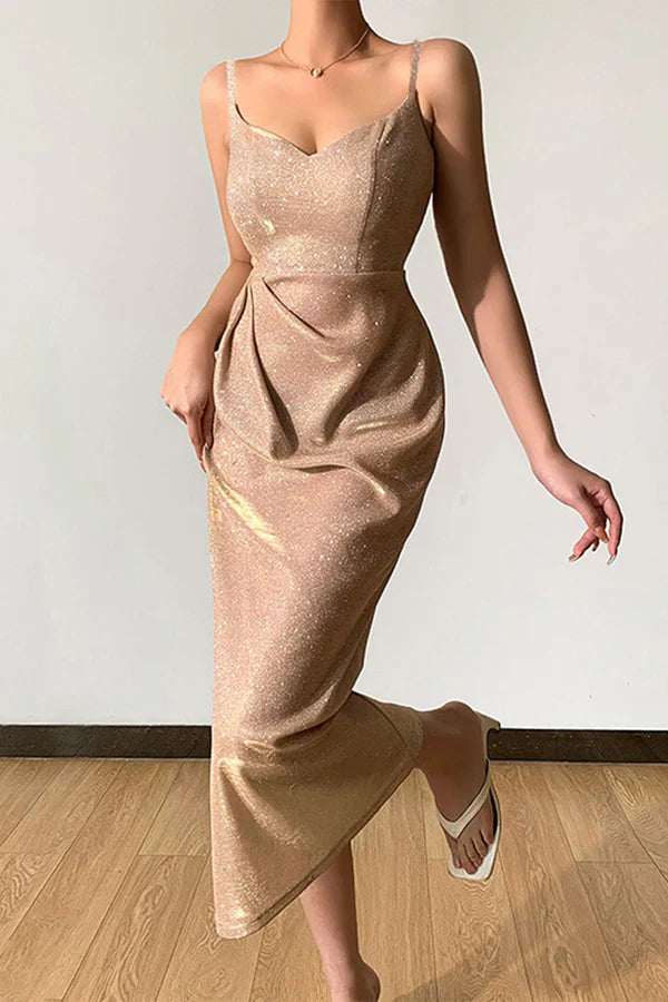 Sexy elegant solid color sequins V-neck strap evening dress Sparkly