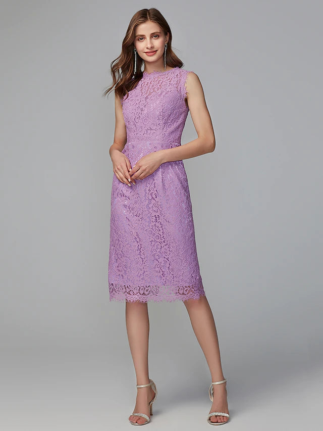 Sheath / Column Bridesmaid Dress Jewel Neck Sleeveless Elegant Midi / Knee Length Lace with Lace Pure Color