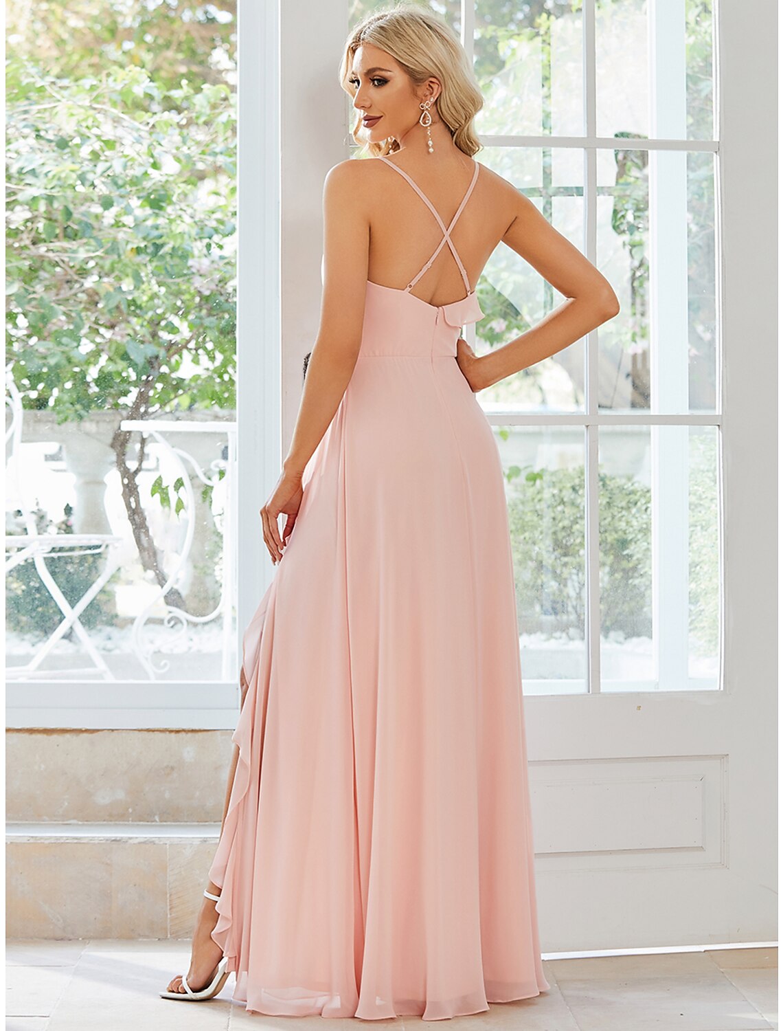 A-Line Wedding Guest Dresses Casual Dress Party Wear Floor Length Sleeveless Spaghetti Strap Chiffon with Ruffles