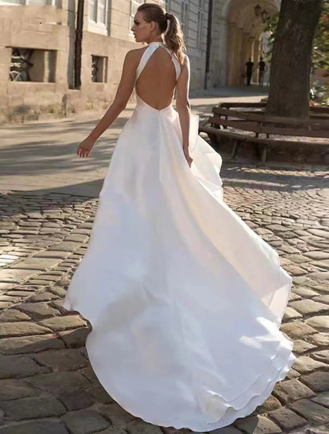 Reception Open Back Casual Wedding Dresses A-Line Halter Sleeveless Court Train Satin Bridal Gowns With Solid