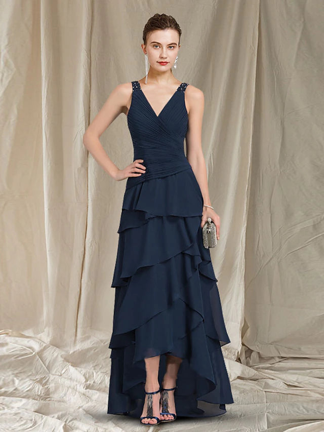 Two Piece A-Line Mother of the Bride Dress Elegant High Low V Neck Asymmetrical Floor Length Chiffon Short Sleeve Wrap Included with Ruched