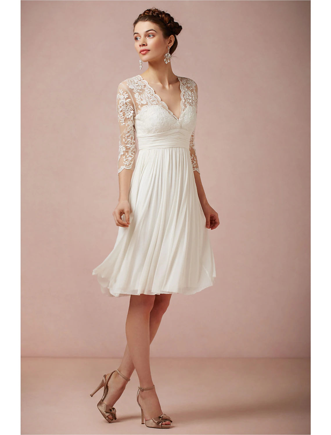 Reception Open Back Little White Dresses Wedding Dresses A-Line V Neck 3/4 Length Sleeve Knee Length Chiffon Bridal Gowns
