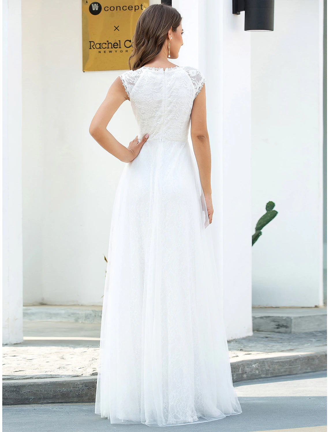 Beach Wedding Dresses A-Line V Neck Cap Sleeve Floor Length Lace Bridal Gowns