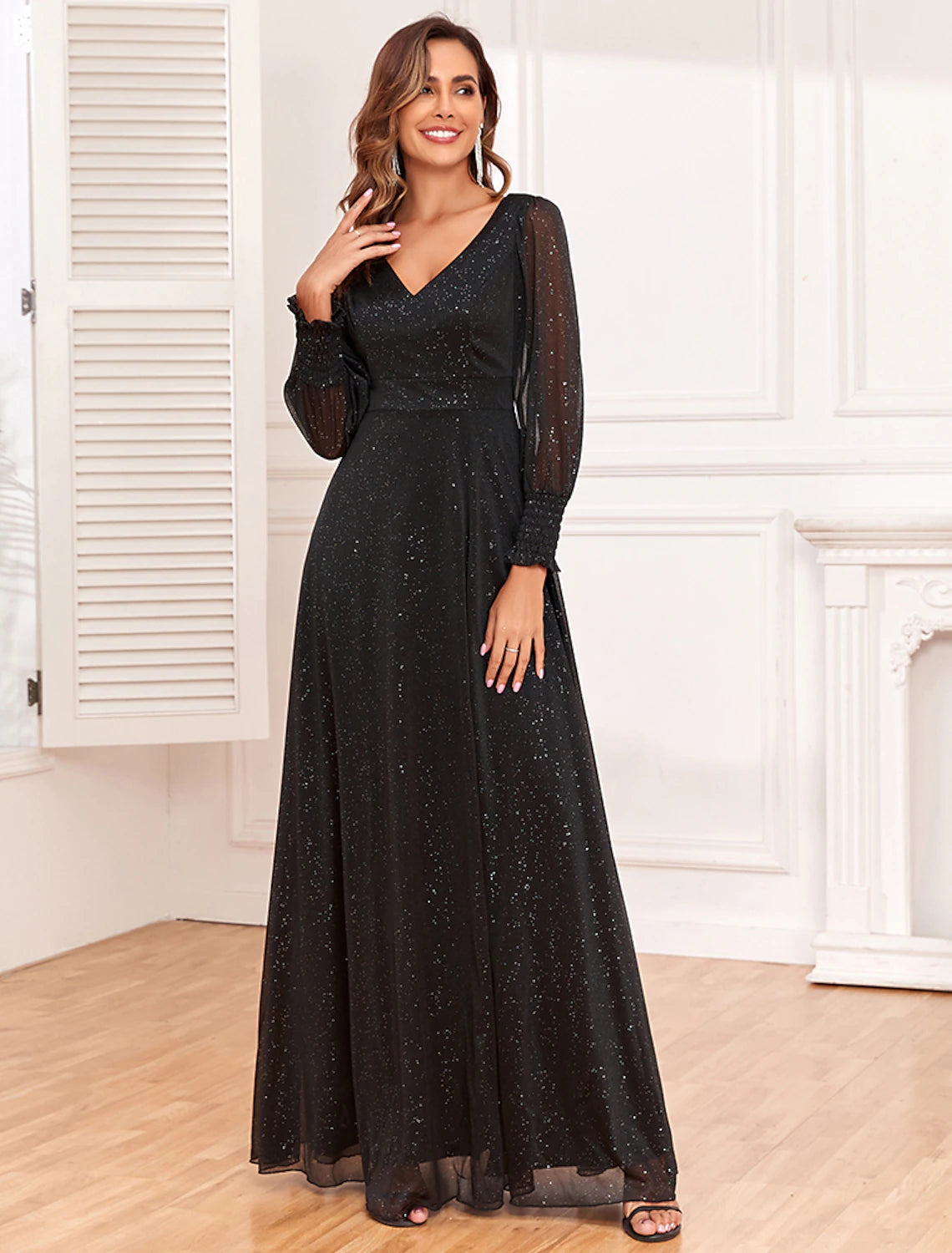 A-Line Evening Gown Empire Black Dress Party Gothic Tulle Dress Floor Length Long Sleeve V Neck V Back