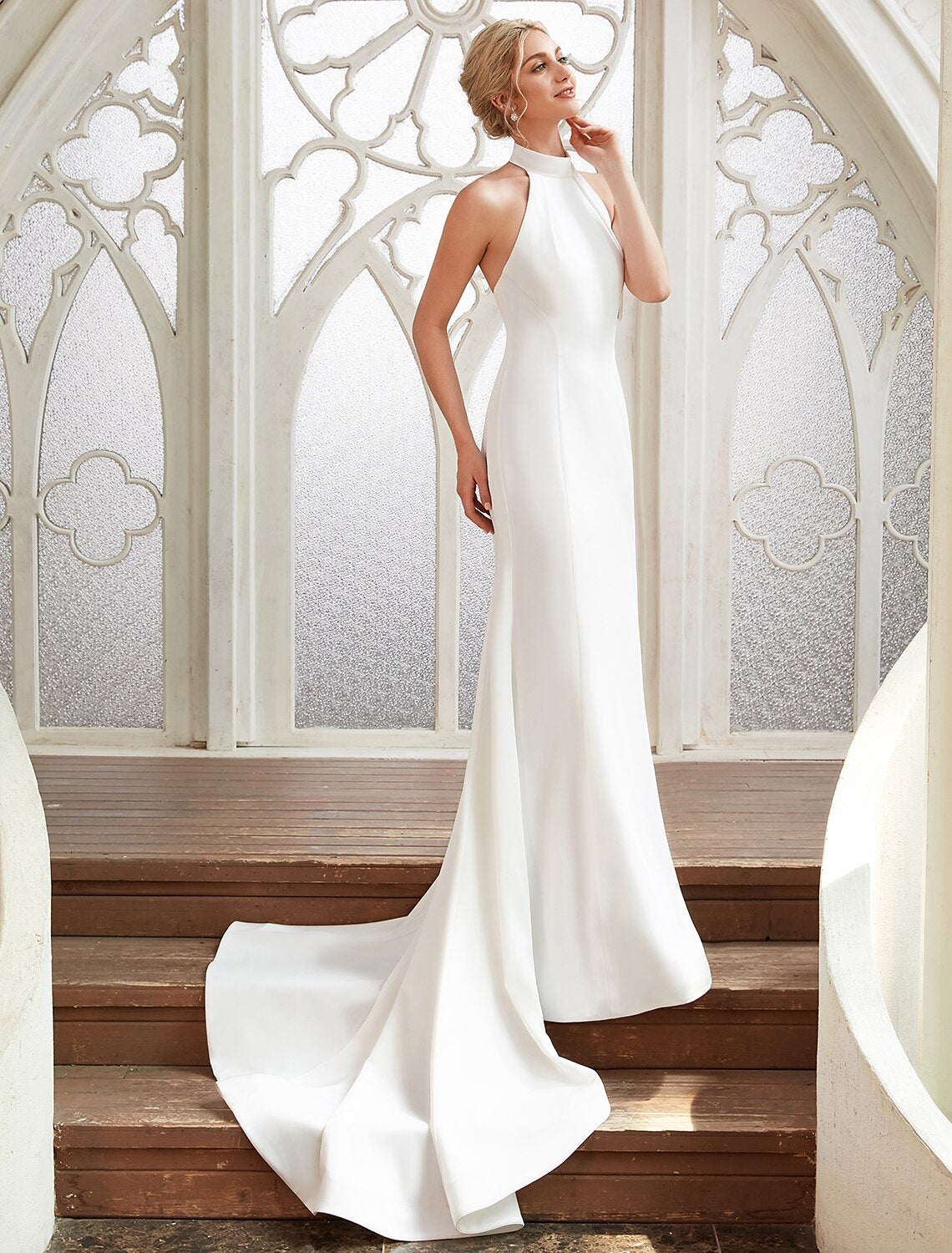 Bridal Shower Casual Open Back Wedding Dresses Court Train Sheath / Column Regular Straps Halter Satin