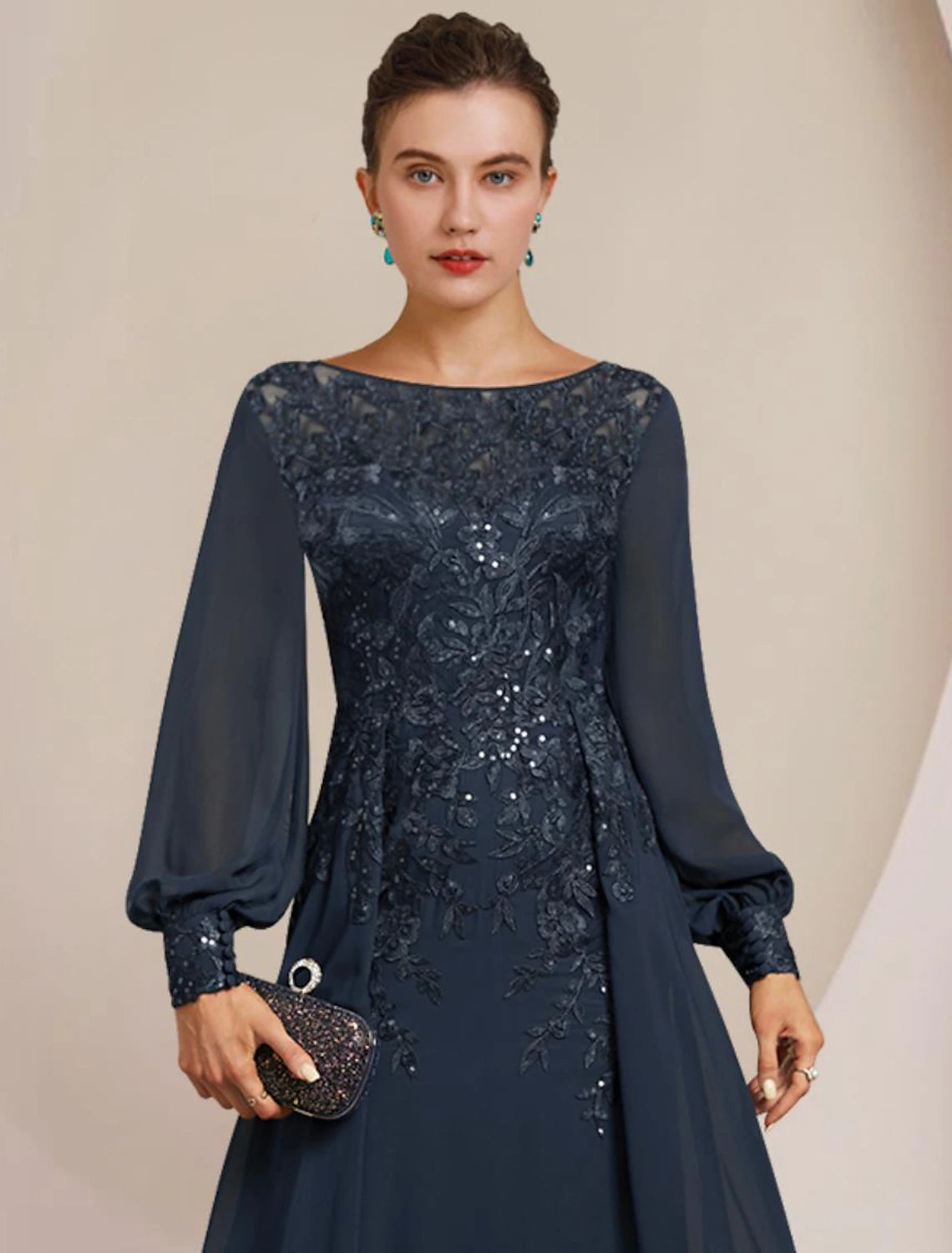 XIAOPINWU DRESS Sheath / Column Mother of the Bride Dress Formal Wedding Guest Elegant Scoop Neck Floor Length Chiffon Lace Long Sleeve