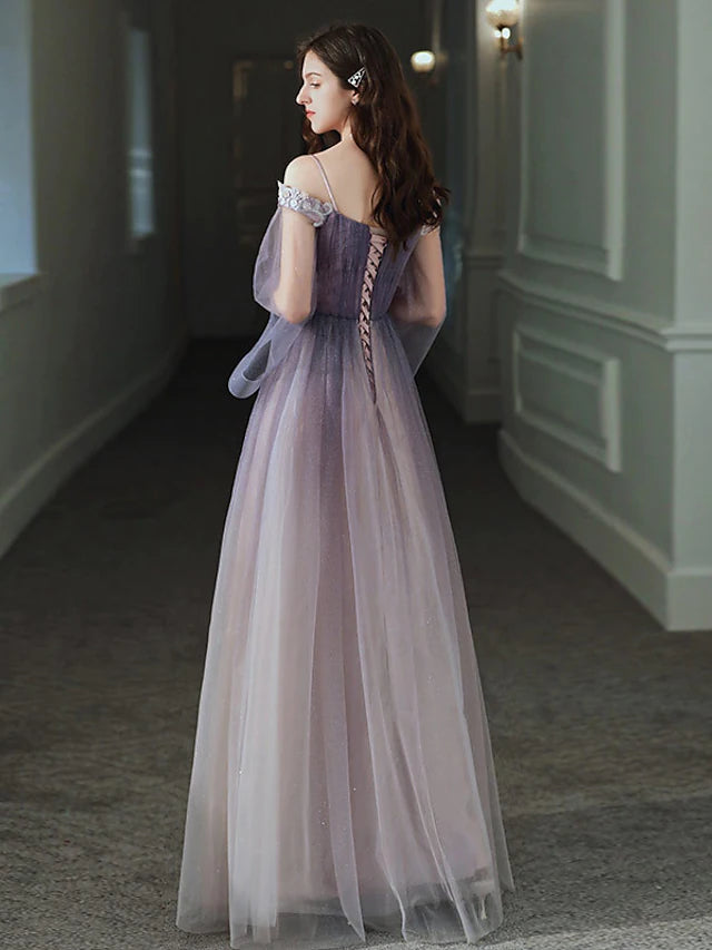 A-Line Minimalist Elegant Party Wear Prom Dress Off Shoulder Long Sleeve Floor Length Tulle