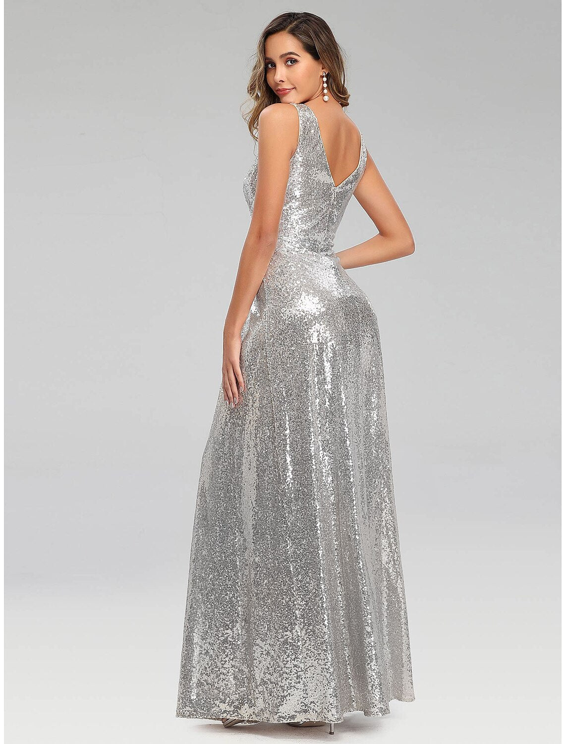 A-Line Prom Dresses Sparkle Dress Wedding Guest Engagement Floor Length Sleeveless V Neck Polyester V Back