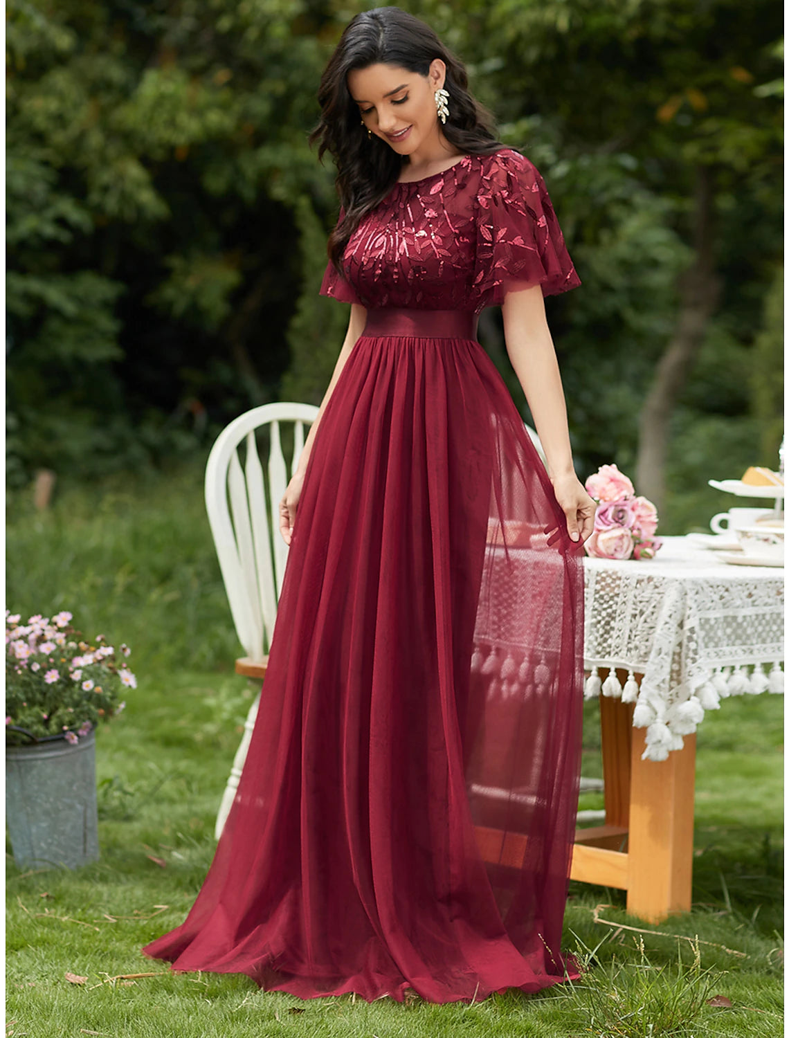A-Line Prom Dresses Vintage Dress Prom Floor Length Short Sleeve Jewel Neck Tulle with Sequin Ruffles