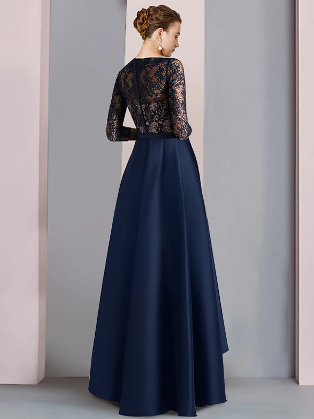 A-Line Mother of the Bride Dress Wedding Guest Elegant High Low V Neck Asymmetrical Tea Length Satin Lace Half Sleeve with Bow(s) Color