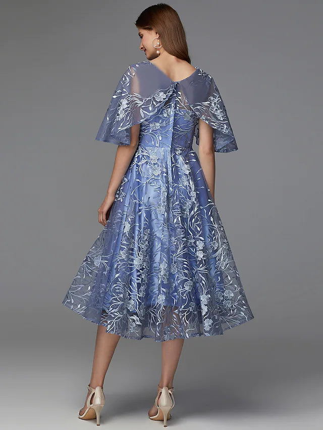 A-Line Floral Dress Wedding Guest Tea Length Sleeveless V Neck Lace V Back with Pattern / Print