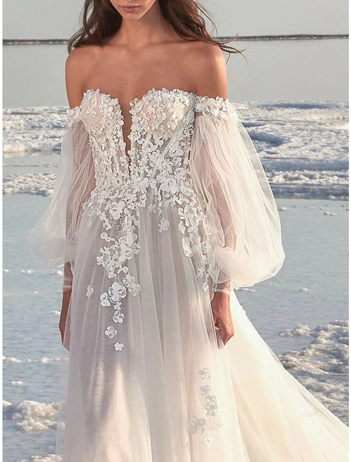 Beach Formal Wedding Dresses A-Line Off Shoulder Long Sleeve Court Train Lace Bridal Gowns With Appliques Fall Wedding Party