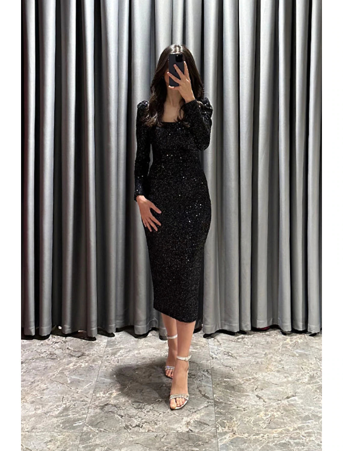 Sheath / Column Evening Gown Elegant Black Dress Formal Fall Tea Length Long Sleeve Square Neck Sequined