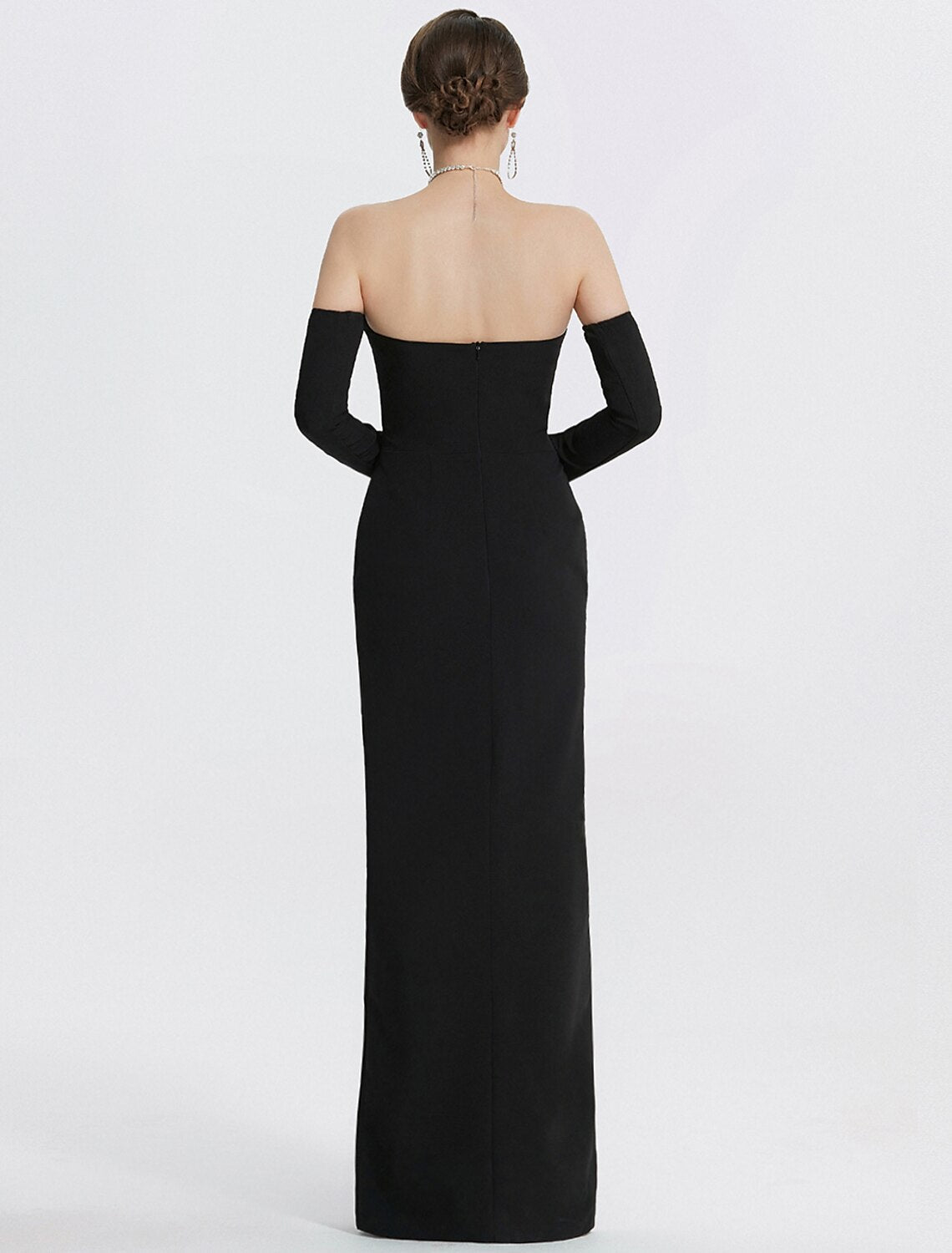 Mermaid Evening Gown Black Dress With Gloves Formal Wedding Guest Floor Length Long Sleeve Strapless Stretch Fabric