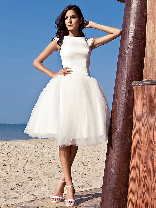 Beach Little White Dresses Wedding Dresses Knee Length A-Line Cap Sleeve Bateau Neck Satin