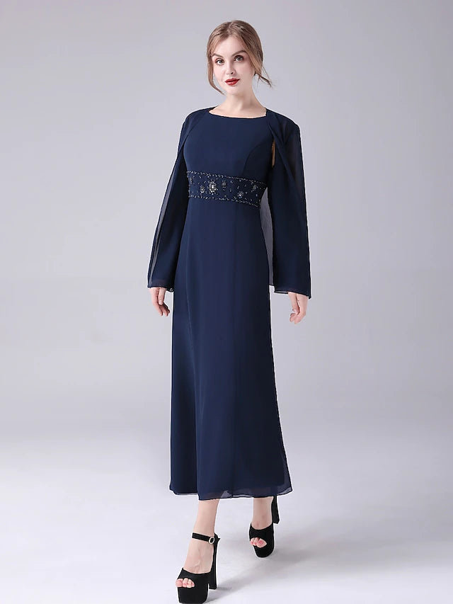 A-Line Mother of the Bride Dress Elegant Sweet Jewel Neck Ankle Length Chiffon Sleeveless