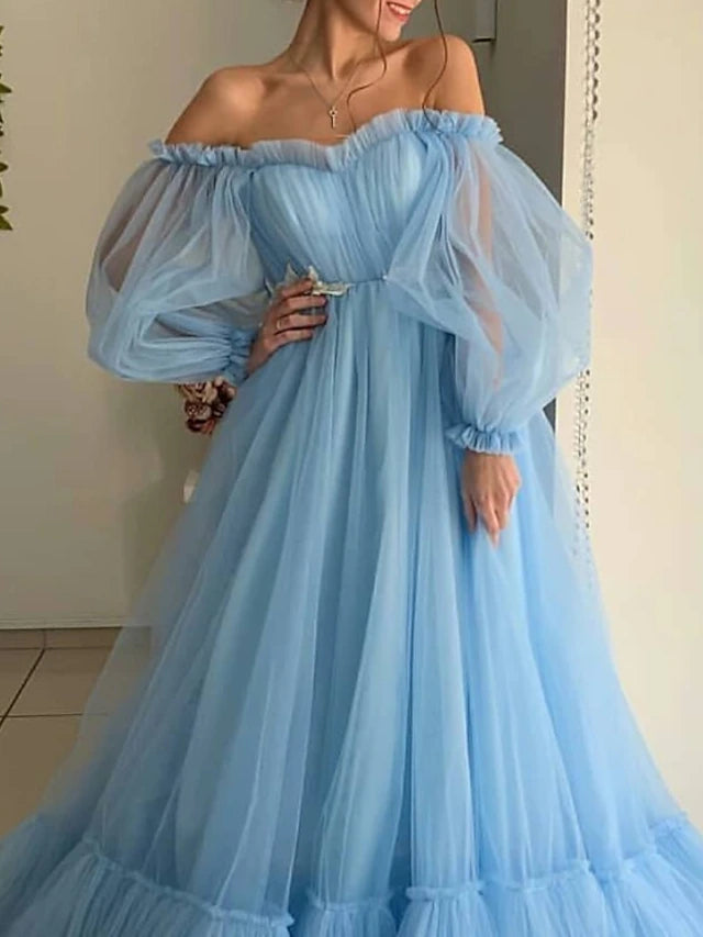 A-Line Minimalist Elegant Engagement Prom Dress Off Shoulder Long Sleeve Floor Length Tulle