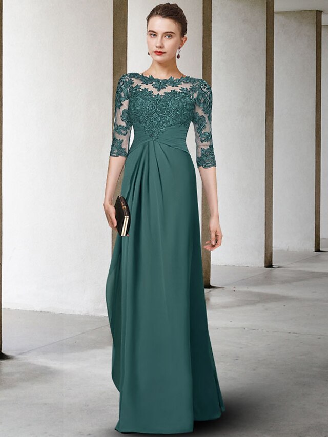 Sheath / Column Plus Size Curve Mother of the Bride Dress Elegant Jewel Neck Floor Length Chiffon Lace Half Sleeve with Pleats Ruched