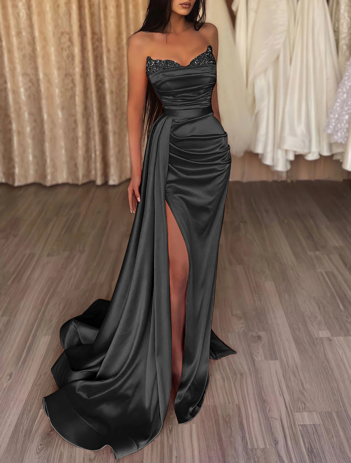 Mermaid Ruched Evening Gown Satin Dress Cocktail Party Prom Court Train Sleeveless Strapless Bridesmaid Dress with Beading Sequin