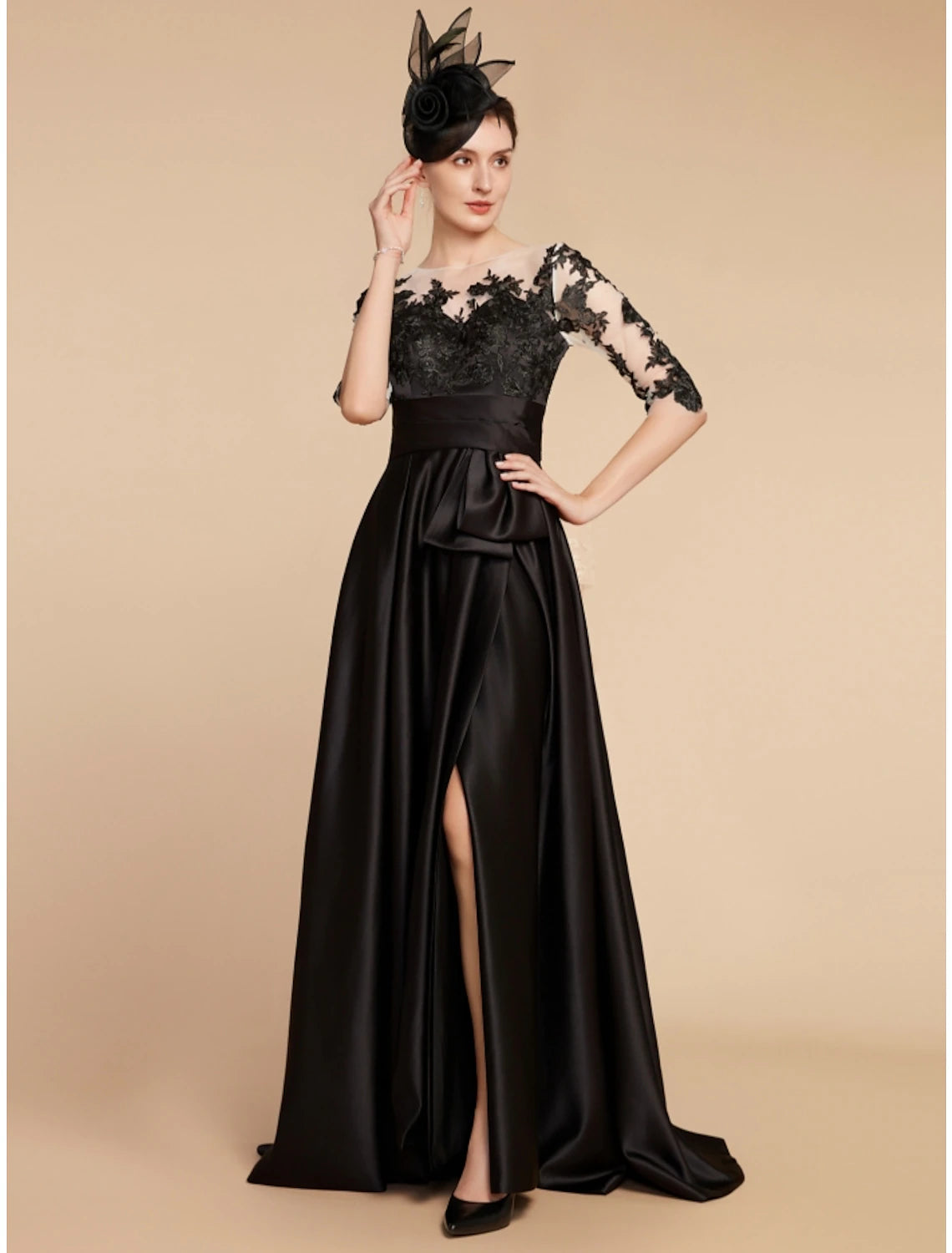A-Line Mother of the Bride Dress Wedding Guest Elegant Party Jewel Neck Sweep / Brush Train Satin Lace Half Sleeve with Split Front Ruching