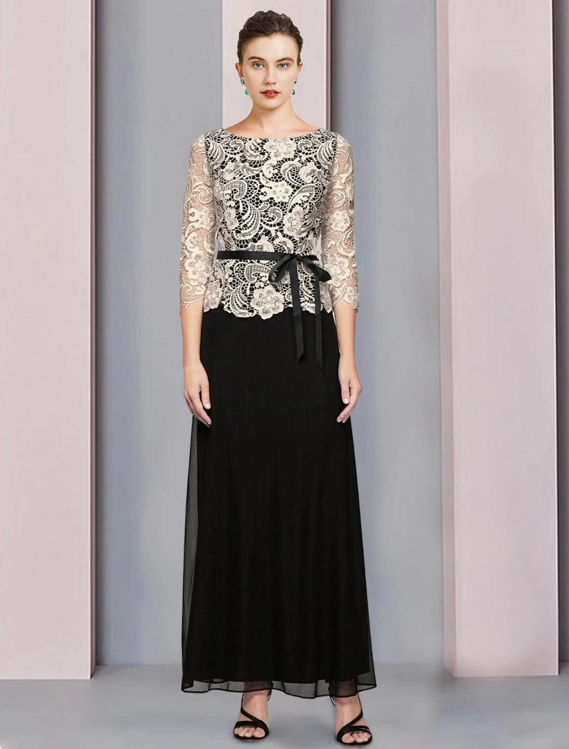 A-Line Mother of the Bride Dress Formal Wedding Guest Elegant Scoop Neck Floor Length Chiffon Lace 3/4 Length Sleeve with Bow(s)