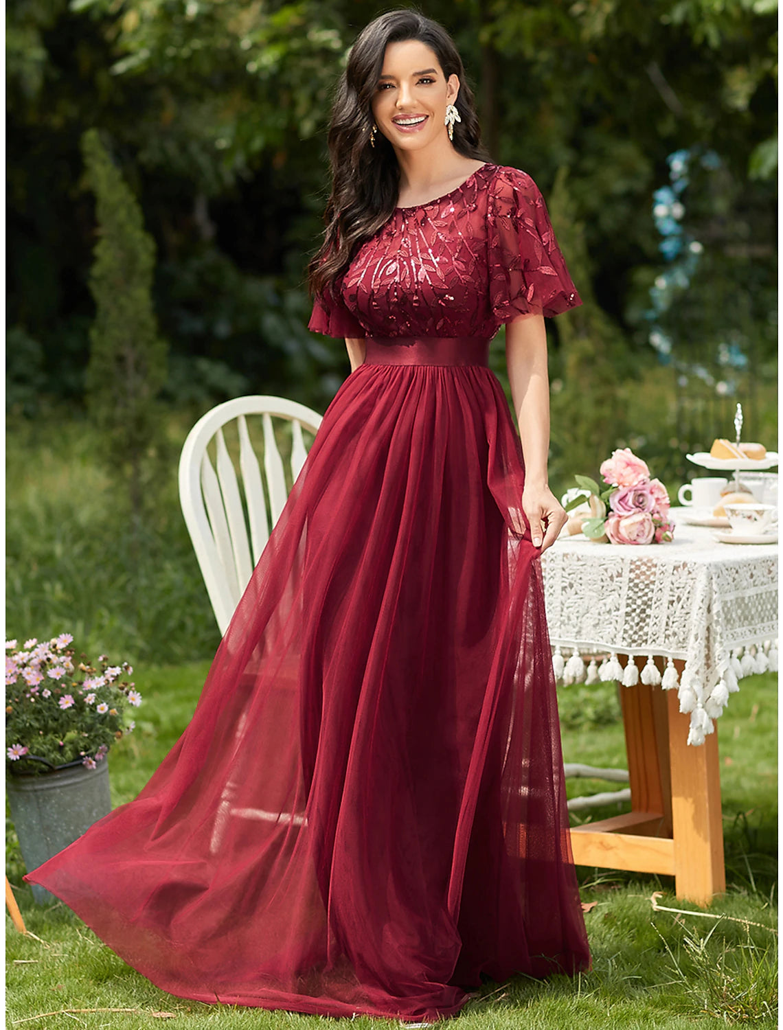 A-Line Prom Dresses Vintage Dress Prom Floor Length Short Sleeve Jewel Neck Tulle with Sequin Ruffles