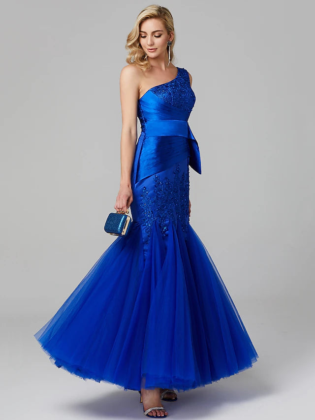Fit & Flare Elegant Dress Holiday Floor Length Sleeveless One Shoulder Lace Over Tulle