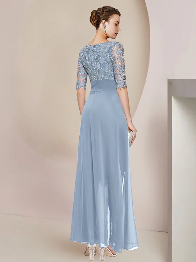 XIAOPINWU DRESS Sheath / Column Mother of the Bride Dress Formal Wedding Guest Elegant V Neck Knee Length Chiffon Lace Half Sleeve