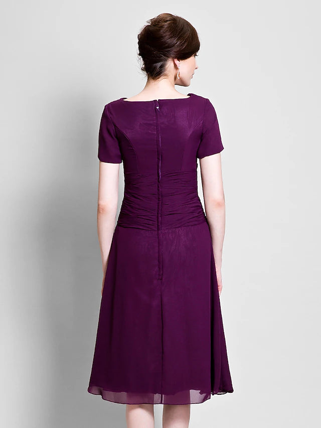 A-Line Mother of the Bride Dress Cowl Neck Tea Length Chiffon Short Sleeve with Ruched Side