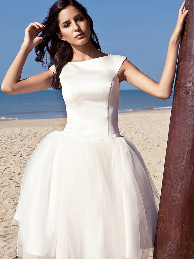 Beach Little White Dresses Wedding Dresses Knee Length A-Line Cap Sleeve Bateau Neck Satin