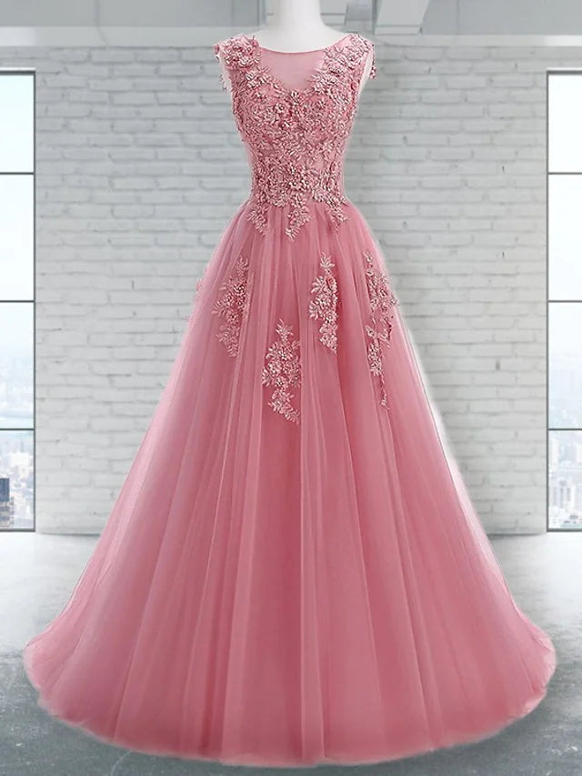 A-Line Prom Dresses Elegant Dress Wedding Guest Sweep / Brush Train Sleeveless Jewel Neck Tulle
