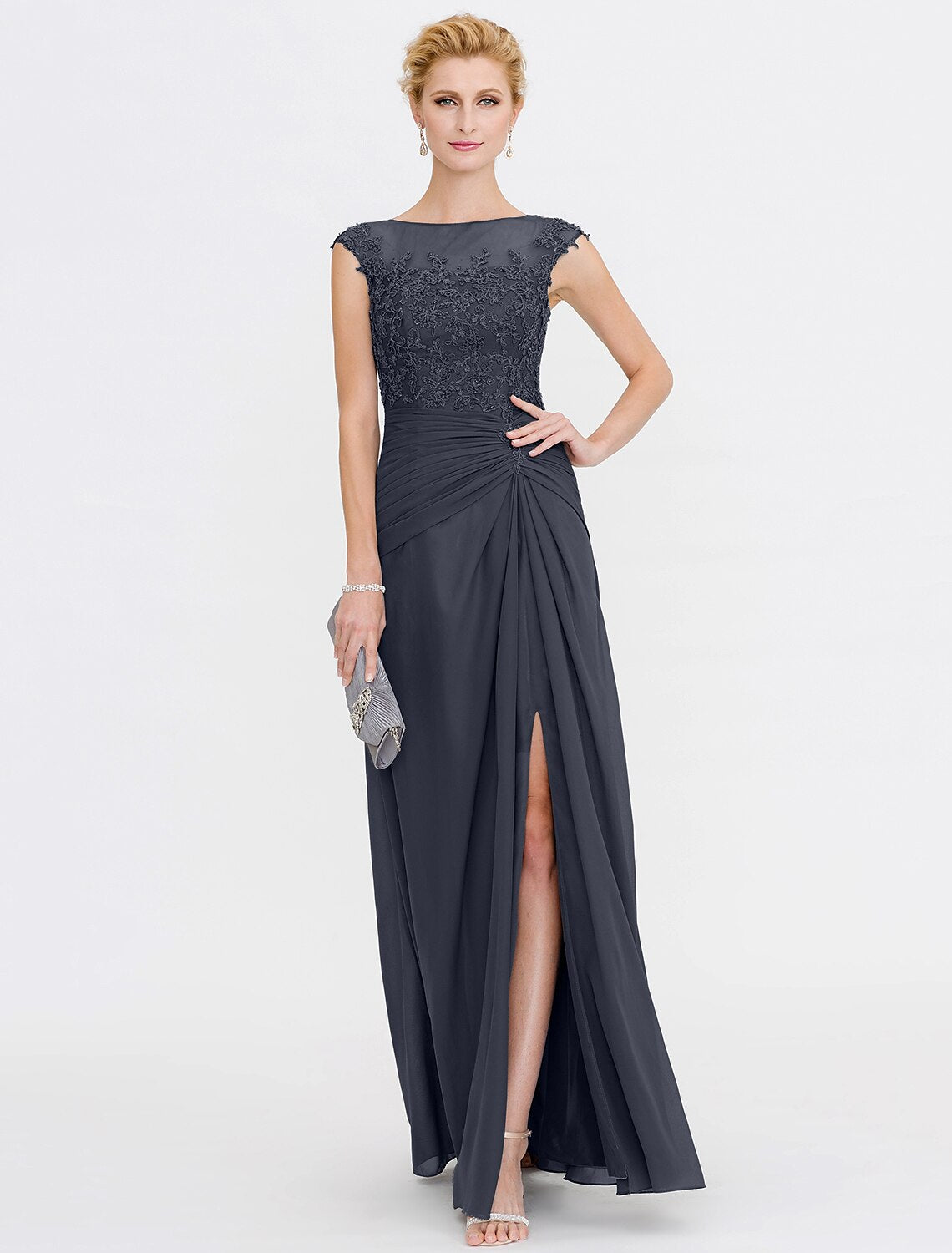 A-Line Mother of the Bride Dress Wedding Guest Elegant See Through Bateau Neck Floor Length Chiffon Lace Sleeveless