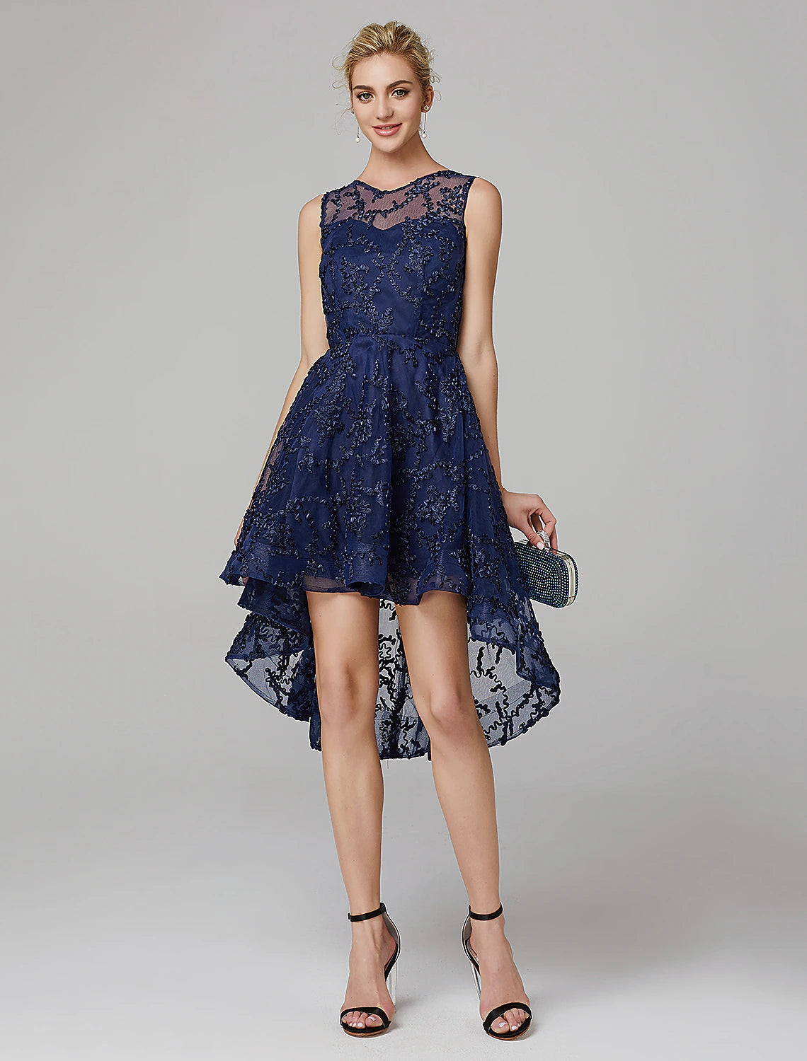 A-Line Hot Dress Wedding Guest Cocktail Party Asymmetrical Sleeveless Illusion Neck Tulle
