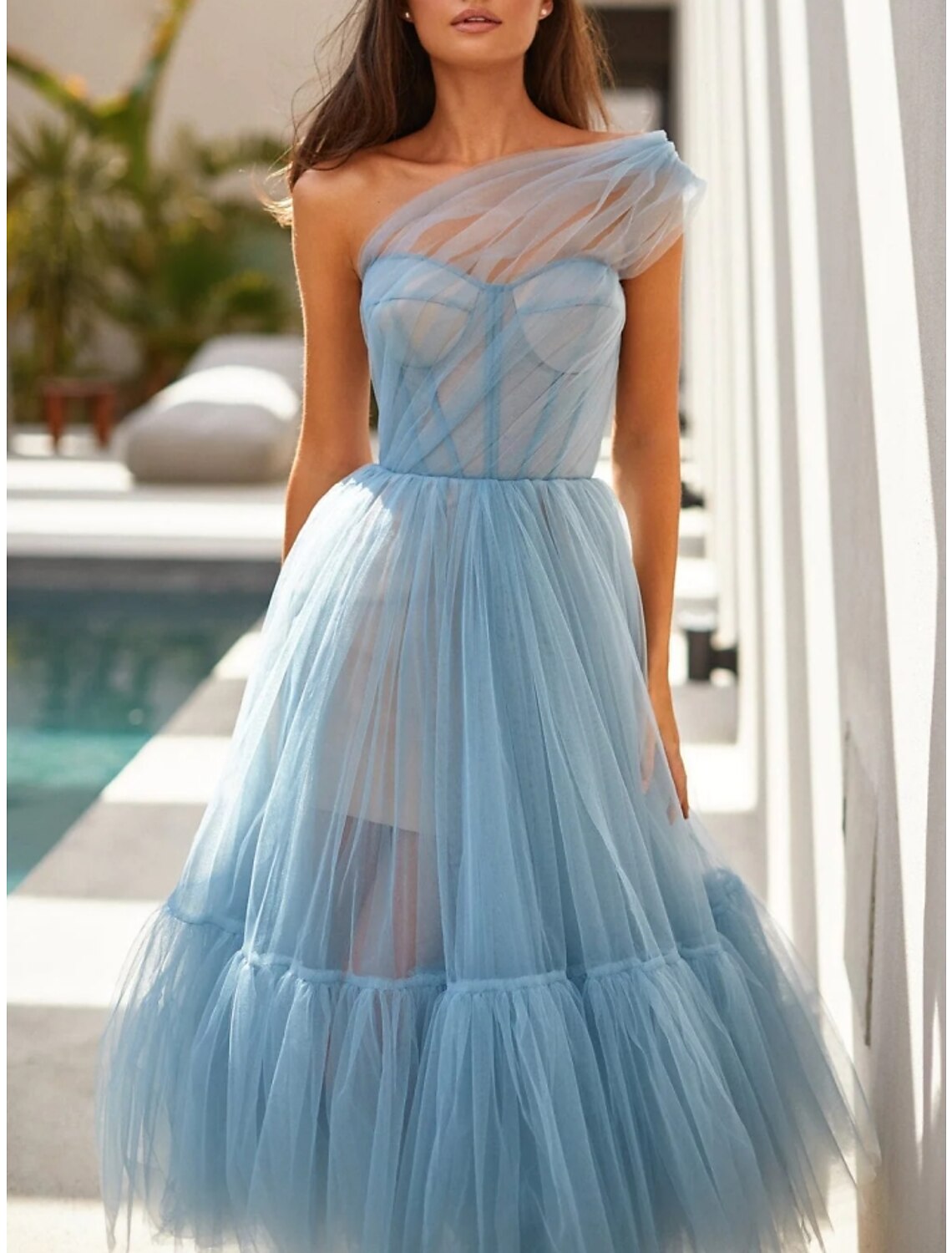 A-Line Prom Dresses Elegant Dress Formal Tea Length Sleeveless One Shoulder Tulle