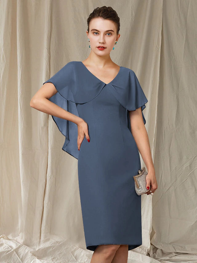 Sheath / Column Mother of the Bride Dress Simple Elegant V Neck Knee Length Chiffon Short Sleeve